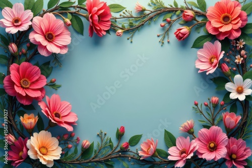 Continuous blooming flowers, intertwined vines, seamless, white, bloom