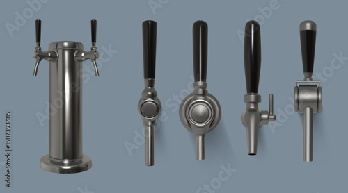 Bar tap. Beer handle equipment. 3D alcohol pump. Machine faucet. Liquid vending appliance. Realistic steel stainless crane with valve. Brewery wooden barrel. Vector isolated mockups set