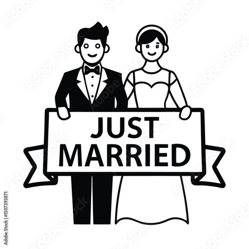 Smiling Just Married Couple Holding Banner on White Background