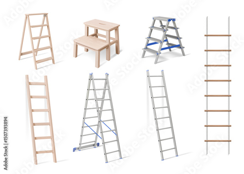 3D ladder. Rope stair. Wood stepladder for wall work or metal step construction. Wooden portable or high domestic staircase steps. Building renovation. Vector isolated realistic rungs set