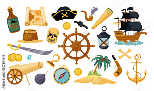 Pirate treasure. Children sailing ship. Captain hat. Wooden boat steering wheel. Scull with crossbones. Filibuster party. Island map. Chest box for golden coins. Vector corsair icons set