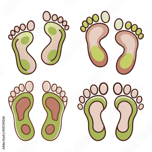 Four pairs of colorful cartoon footprints