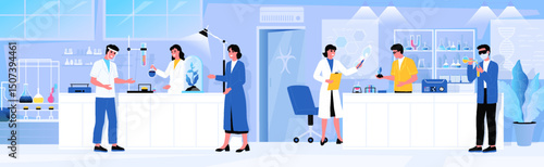 Laboratory research. Scientific computer equipment. Biology or health study. Scientists work with chemical test tubes. Nurse conducting experiment with microscope. Vector lab scene