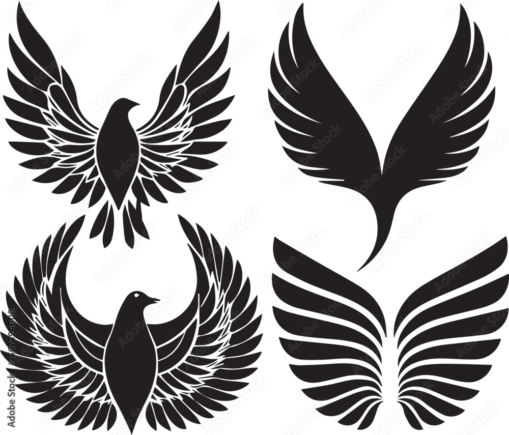 Fototapeta premium Black Wing Silhouette Icons – Vector Feather and Flight Symbol Set
