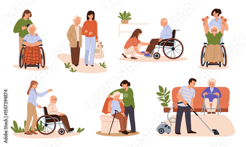 Volunteer helps to elder person. Senior nurse caring of senior with home. Assistance for adult man on wheelchair. Grandparents support. Caregiver walking with granny. Vector concepts set