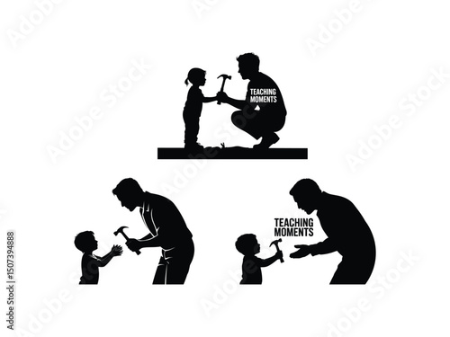 Father and child silhouette teaching moments hammer building