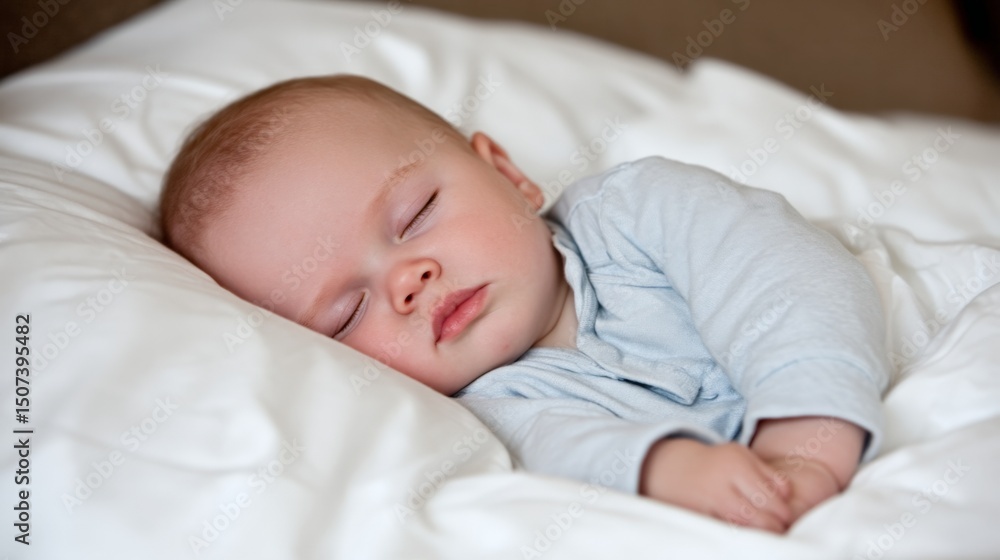 Peaceful sleeping baby boy resting on soft white bedding in a cozy bedroom setting Peaceful sleeping baby boy resting on soft white bedding in a cozy bedroom setting
