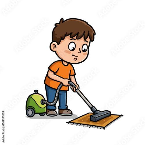 Young boy vacuuming the floor with a smile, wearing an orange shirt and focused on cleaning

