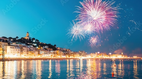 Festive fireworks over coastal town at night