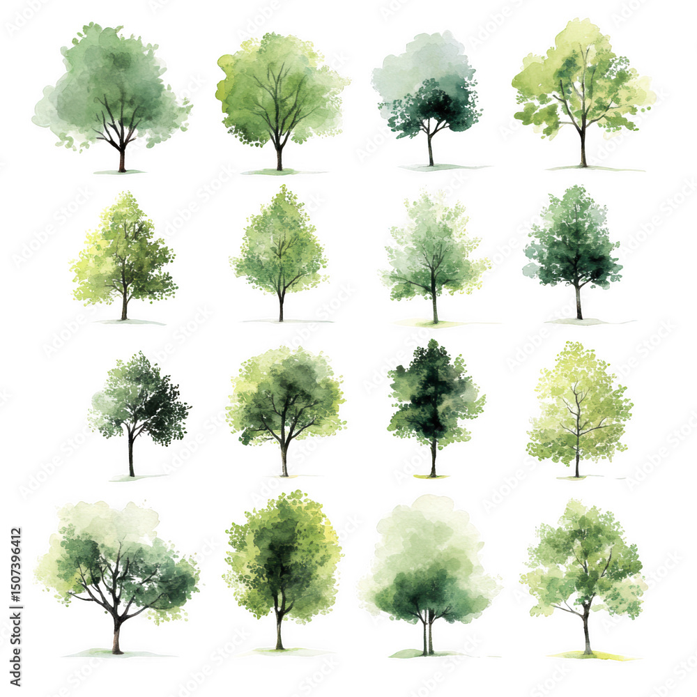 Fototapeta premium Sixteen watercolor trees isolated on transparent background