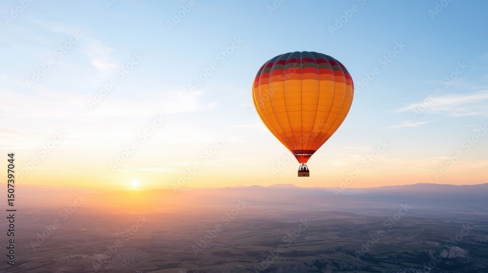 Fototapeta premium Golden sunrise hot air balloon flight over scenic landscape