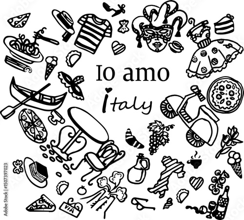 Hand-drawn doodles representing Italian culture and cuisine  