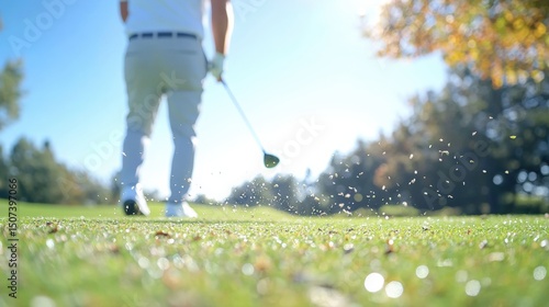 Golf swing sunlit fairway grass particles blurred golfer
