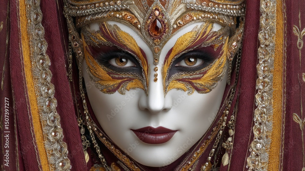 Fototapeta premium Woman with elaborate traditional makeup and ornate costume, looking directly at the camera