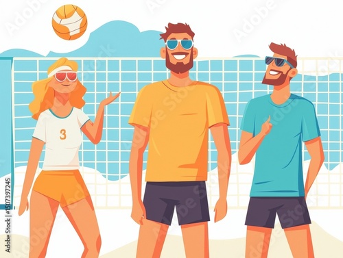 Happy beach volleyball players summer fun and teamwork