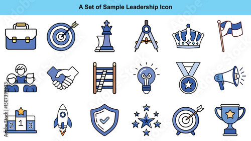 Blue briefcase, target with arrow, and chess pieces form a set of success icons