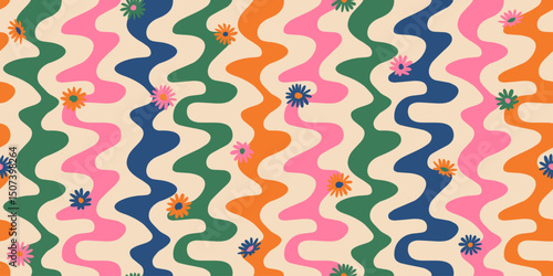 Floral pattern with abstract wave stripe. Groovy flowers background for fabric, textiles, clothing, cover, poster, banner, packaging, wallpaper, interior decor. Vector illustration.