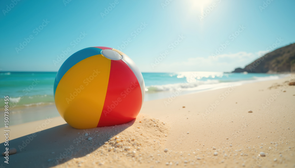 A vibrant, multicolored beach ball sits on the sandy shore with the sparkling ocean and sunny sky in the background. A vibrant, multicolored beach ball sits on the sandy shore with the sparkling ocean and sunny sky in the background.