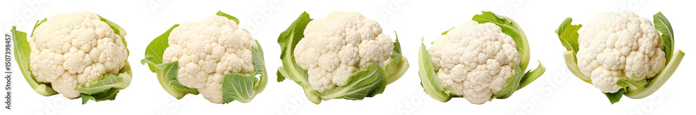 PNG Five fresh cauliflower heads lined up with green leaves element set on transparent background. PNG Five fresh cauliflower heads lined up with green leaves element set on transparent background.
