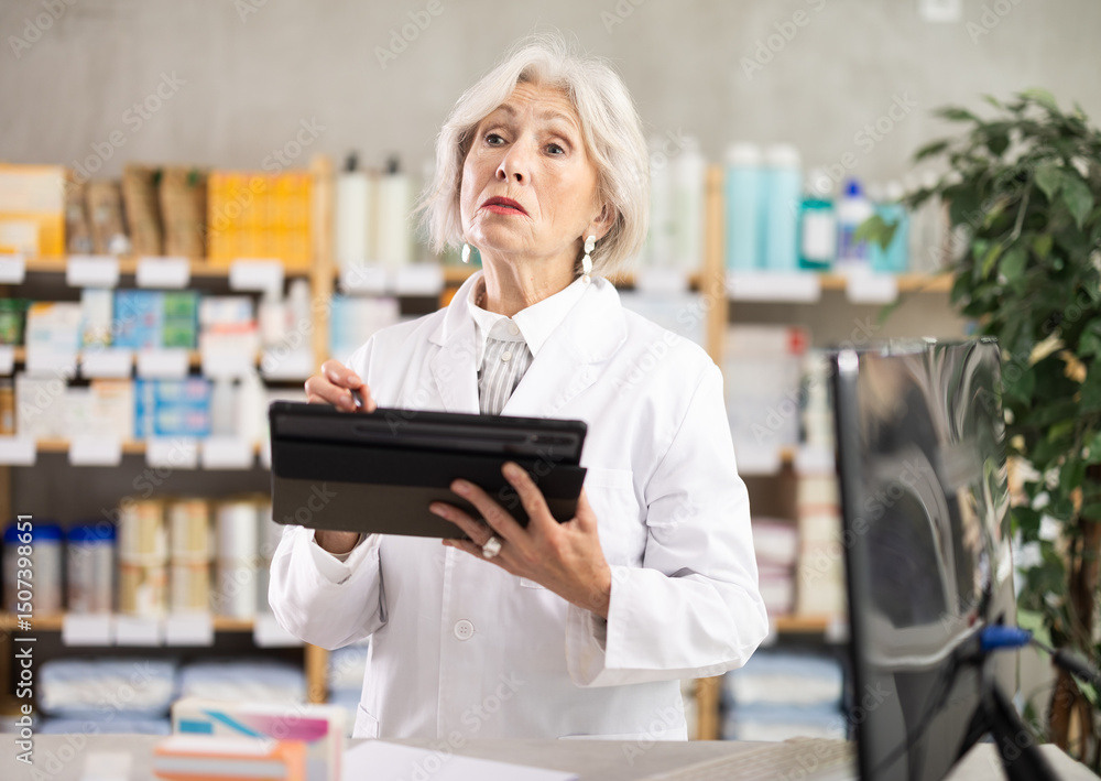 Mature female pharmacist works with a stylus on a tablet, she counts the leftovers of drugs in the pharmacy warehouse and plans a restock. Pharmacist works in a pharmacy Mature female pharmacist works with a stylus on a tablet, she counts the leftovers of drugs in the pharmacy warehouse and plans a restock. Pharmacist works in a pharmacy