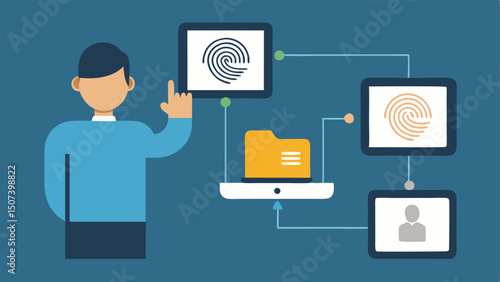 Data Linking A forensic expert connecting fingerprints on a computer screen to various case files emphasizing the relationship between prints and investigations.
