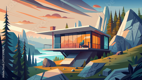 A modern cabin with clean architectural lines is perched on a cliffside, offering a dramatic view of a misty landscape below. Its large glass windows blend contemporary design with nature’s serenity.