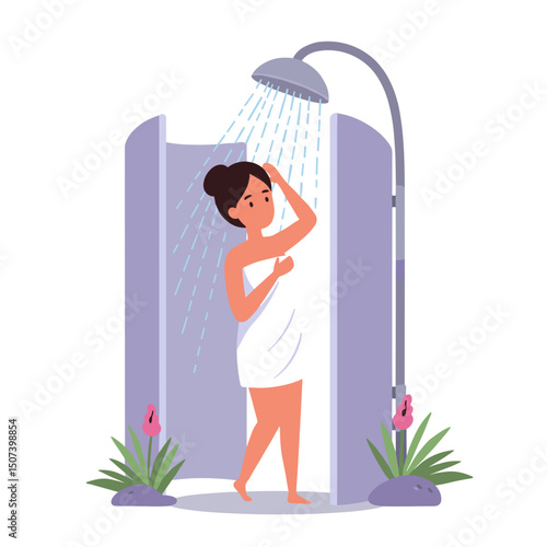 Woman taking a shower wrapped in a towel with a relaxed expression in a modern bathroom setting
