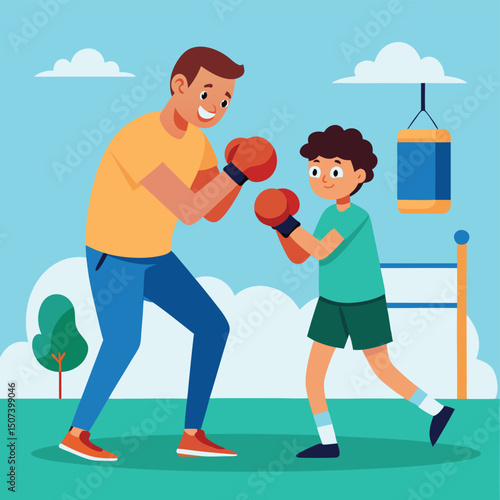 Experience the bonding moment of a father teaching his son boxing techniques on a playground in this engaging cartoon illustration. Perfect for promoting discipline, fitness, and parent-child interact