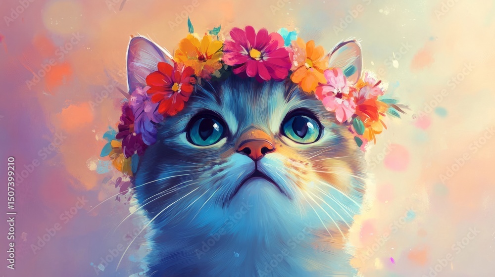 Fototapeta Adorable cartoon cat wearing a vibrant flower crown, close-up illustration on a pastel background generative ai