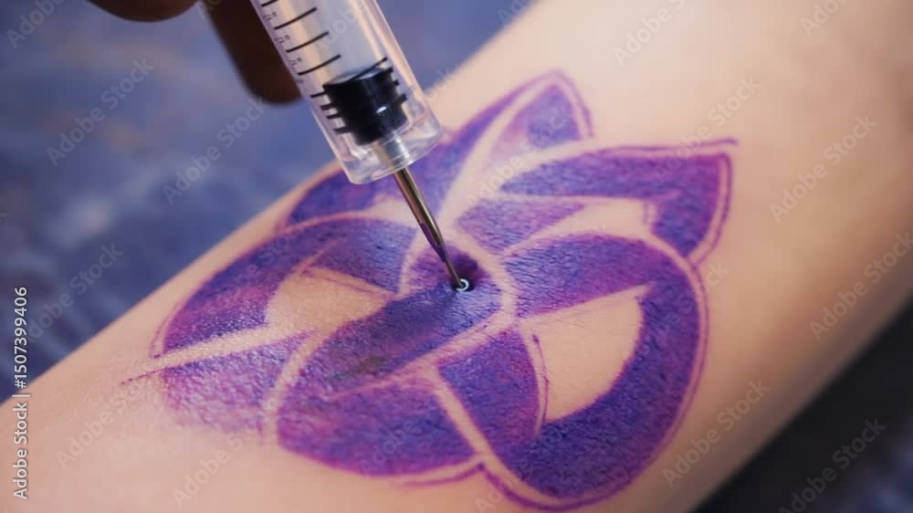 Close-up of a syringe injecting vibrant ink into skin that transforms ...