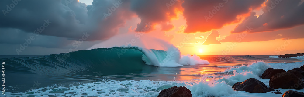 Fototapeta premium towering ocean wave bursts forth darkening turquoise waters engulfing rocky shoreline fiery sunset explodes across dramatic