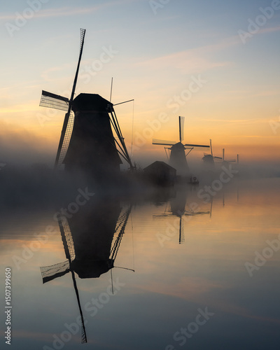 Kinderdijk windmills at sunrise, in the Netherlands