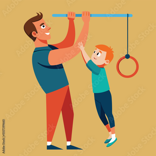 Capture the heartwarming moment of a father assisting his son with a pull-up on gymnastic rings in this charming illustration. Perfect for promoting family fitness, teamwork, and healthy lifestyles, t