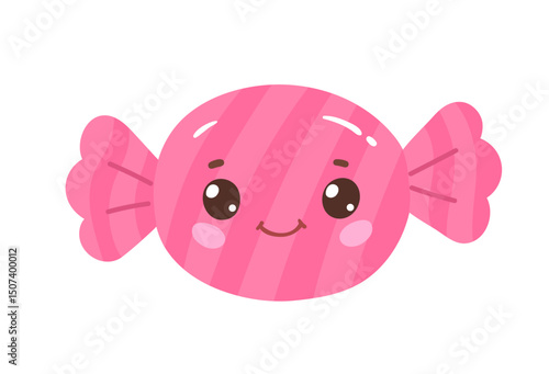 Vector illustration of sweet striped candy with smiling face. Flat design, kawaii dessert icon.
