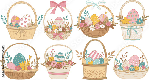 easter baskets, pastel colors, floral arrangements, bunny ears, eggs, spring flowers, nature elements, decorative patterns, whimsical illustrations, vector graphics
