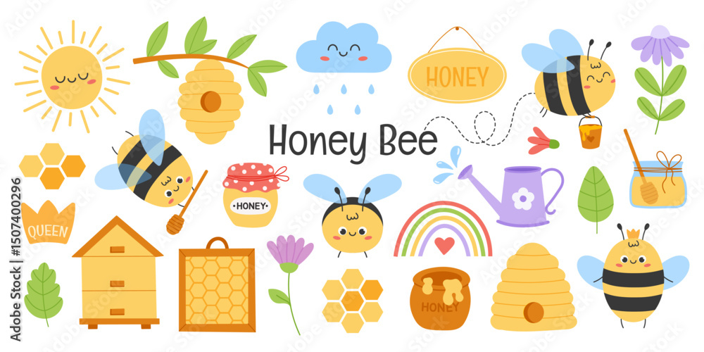 Cute honey bee set with beehive, honeycomb, flowers, clouds and sun. Flat hand drawn vector illustration Cute honey bee set with beehive, honeycomb, flowers, clouds and sun. Flat hand drawn vector illustration