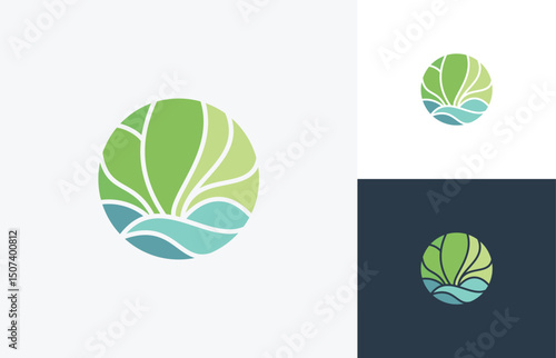 Leaf logo Design inspiration,  Leaves Water Arrangement for Landscaping Design, Environment , Nature, Stones and Beach View