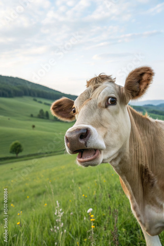 Wallpaper Mural A cow with big bulging eyes and an open mouth in surprise on a green lawn, looking at the camera Torontodigital.ca