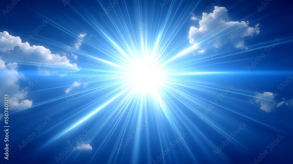 Obraz premium Bright sunburst with rays shining through a partly cloudy blue sky