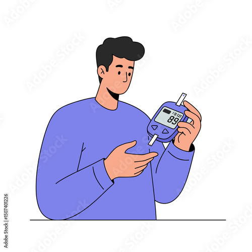 Man checking his blood sugar levels with a glucometer while showing a focused expression