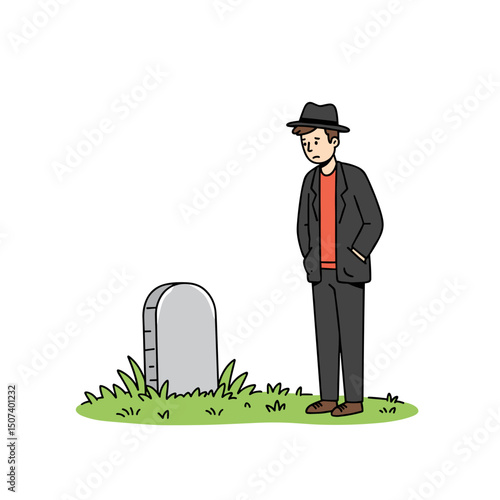 Man in a black suit and hat standing near a gravestone in a green grass field with a thoughtful expression