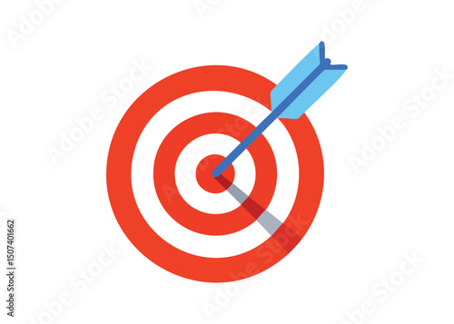 Arrow hitting the bullseye of a target symbolizing success and achieving a specific goal on white background
