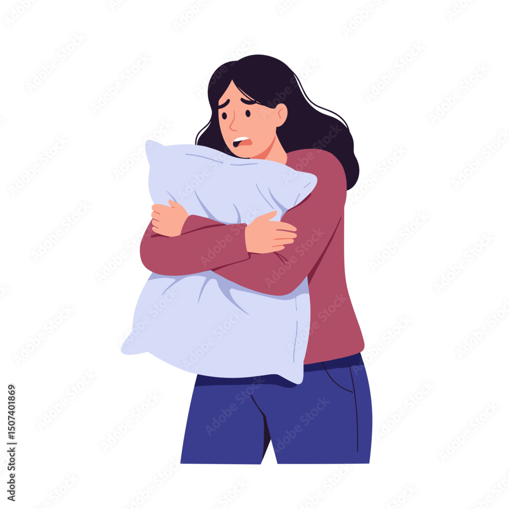 Fototapeta premium Anxious woman hugging a pillow tightly with a worried expression on her face