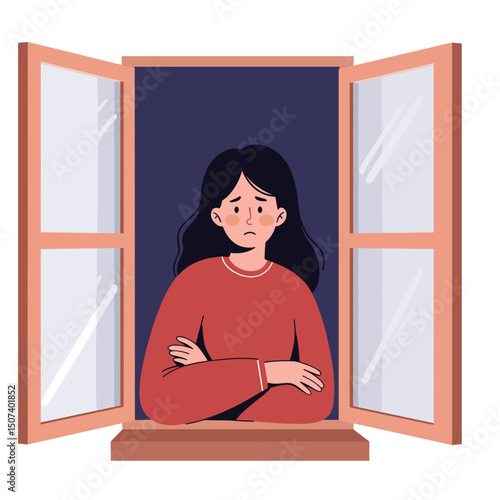 Sad woman looking out of a window with her arms crossed and a worried expression