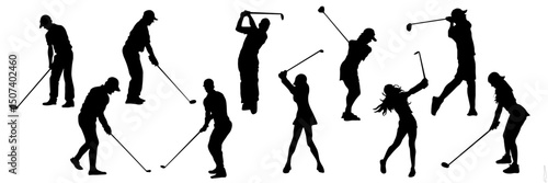 A set of silhouettes of people in different poses playing golf