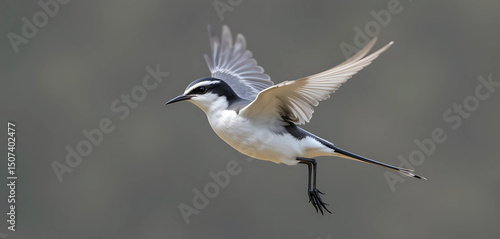 White Wagtail flying lightly, slim wings open and tail extended.
Fine detail, on transparent background, no shadow or text.