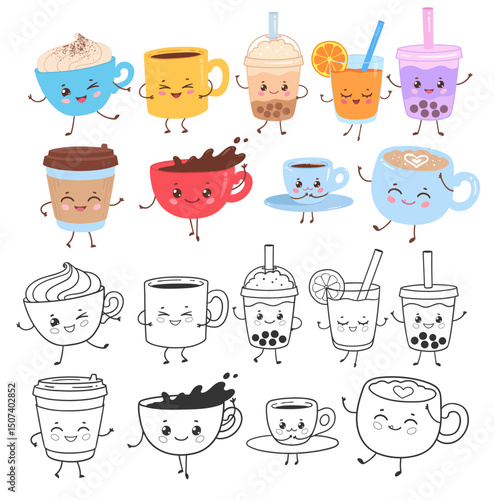 Vector illustration of kawaii coffee drinks, bubble tea and cups with smiling faces. Line art and colored flat drawing.