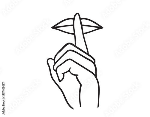 hand on lips symbol for do not disturb doodle hand drawn icon. Outline drawing request for silence or please do quiet, silence line clipart symbol
