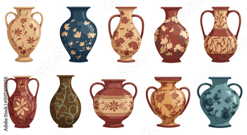 Colored ceramic vases set. Porcelain vase for flowers, antique pottery, floral and abstract patterns. Vase pottery for decoration. Trendy flat style isolated on white. Vector illustration