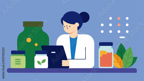 Nutritional Lab A countertop with jars of various superfoods herbs and supplements with a person jotting down notes in a lab notebook.